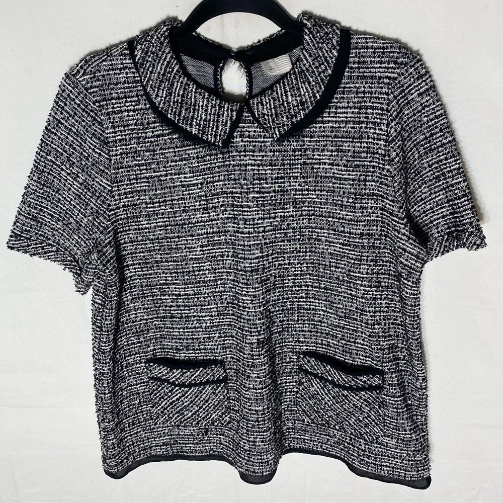 Anthropologie 9-HIS-STCL Black W White Short Sleeve Top W Collar L